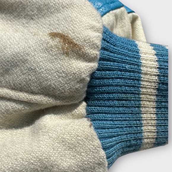 WILSONS LEATHER Varsity Bomber Jacket Genuine Leather Wool Sleeve Blue Cream XS - Picture 9 of 12